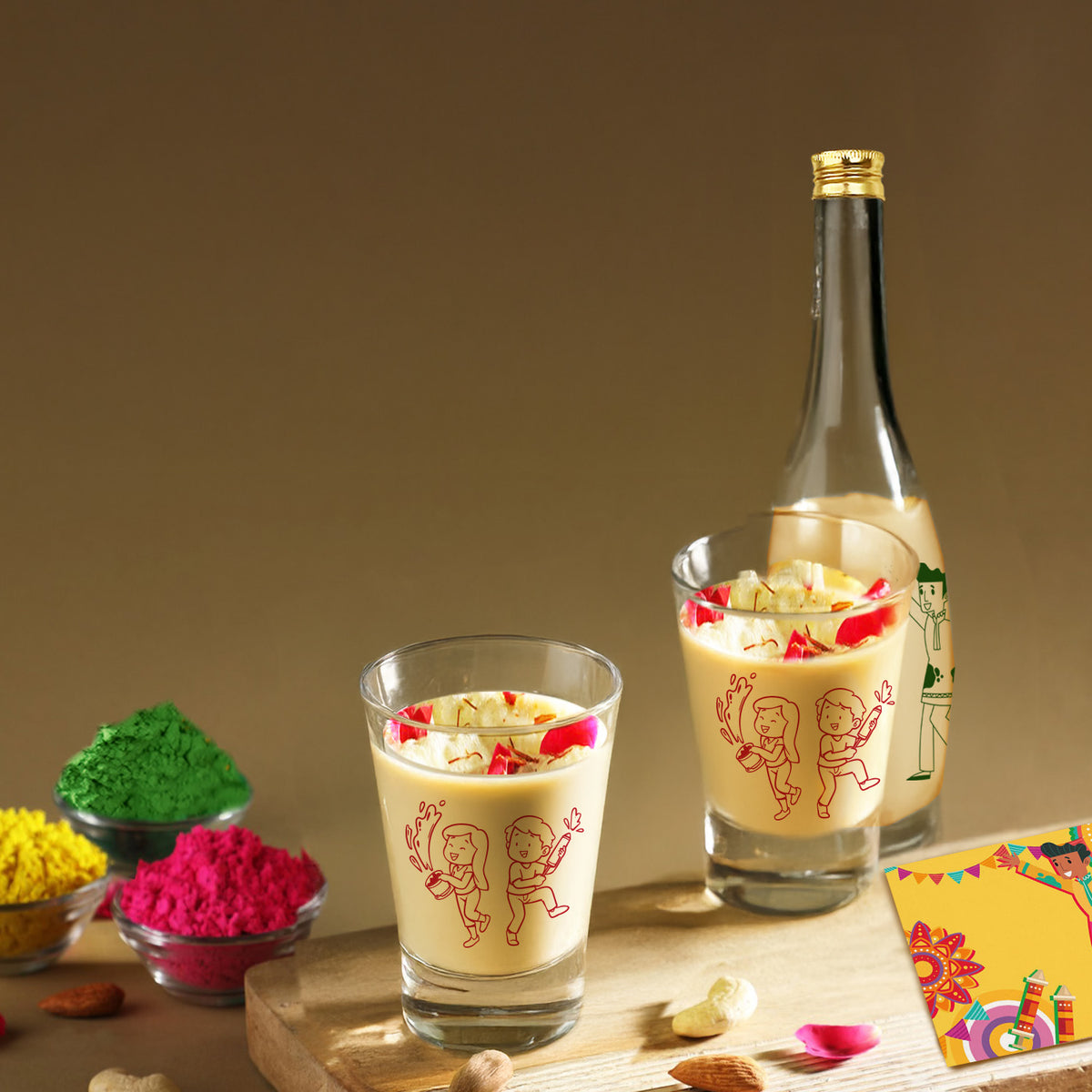 Puremazing Rangotsav Holi Gift Hamper Set - 4 Herbal Gulal Colours, 2 Glasses, 1 Bottle, 2 Coasters & 1 Thandai Pouch, Organic Holi Colour | Assorted Colors