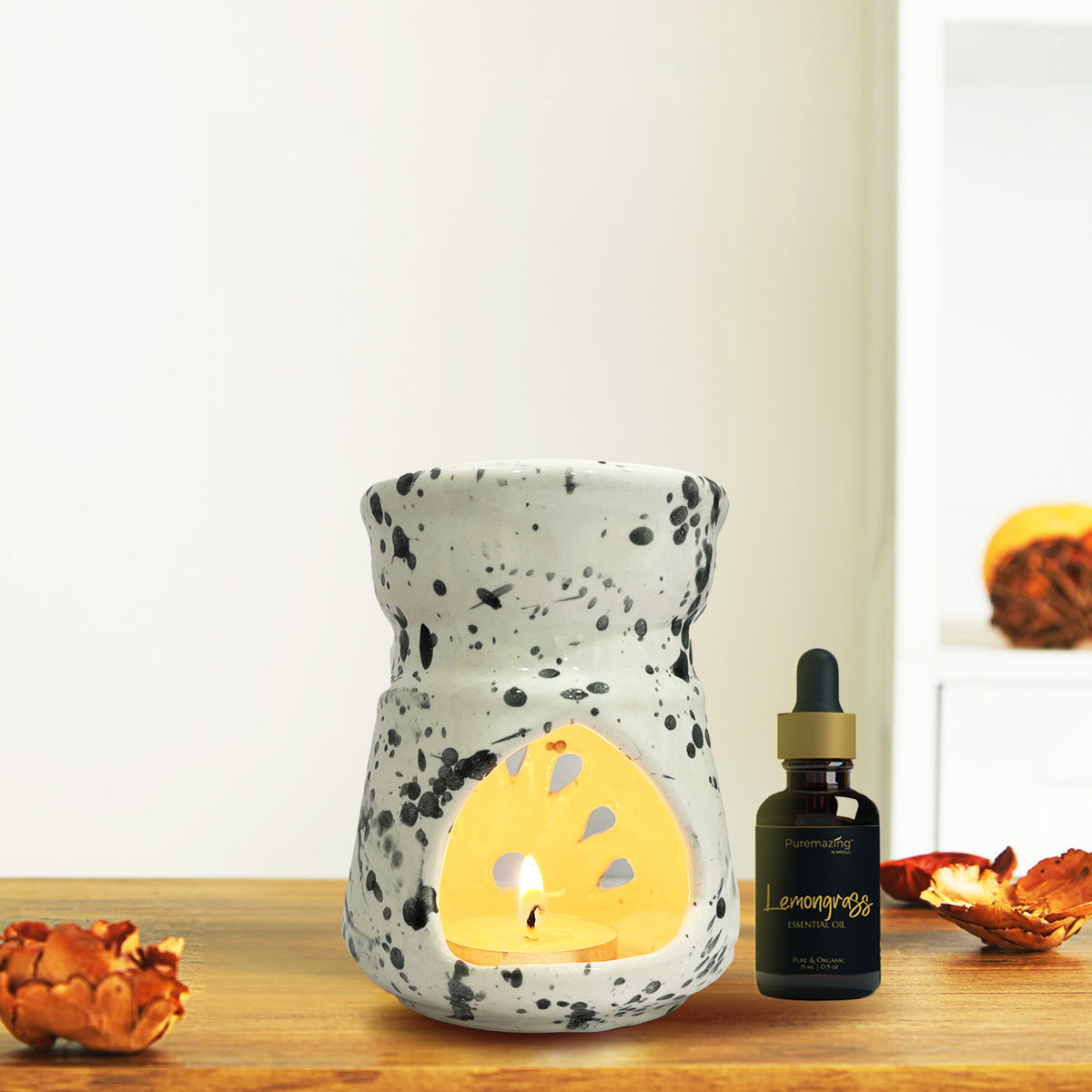 Puremazing Aroma Diffuser with Lemongrass Aroma Oil & Tea Light Candle | Clay Ceramic Diffuser | 2 Candle + 1 Aroma Oil | Aroma Diffuser for Home