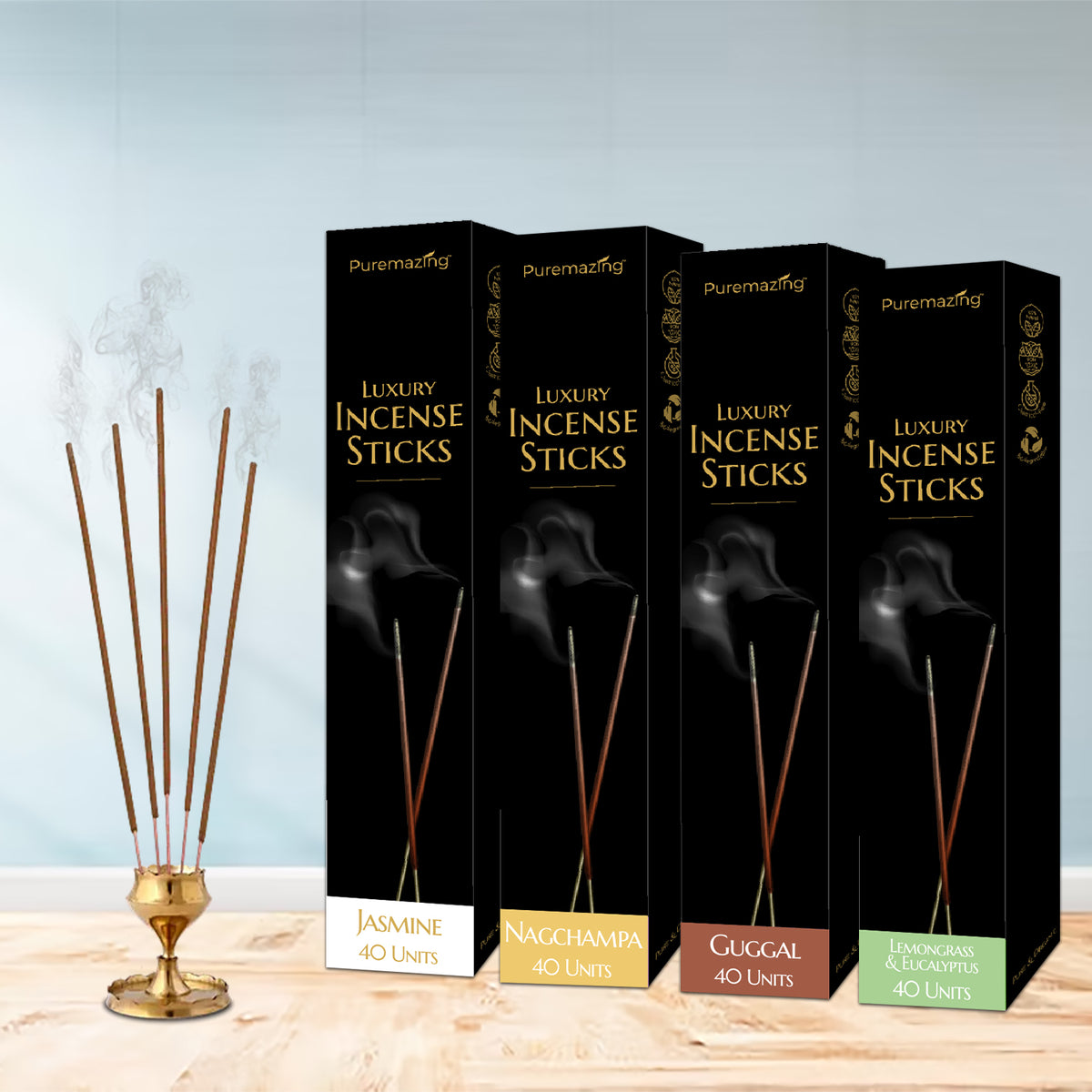 Puremazing Fusion Pooja Box Combo | 4 Incense Sticks, 2 Incense Cones & 6 Sambrani Cups | 100% Natural Incense Stick